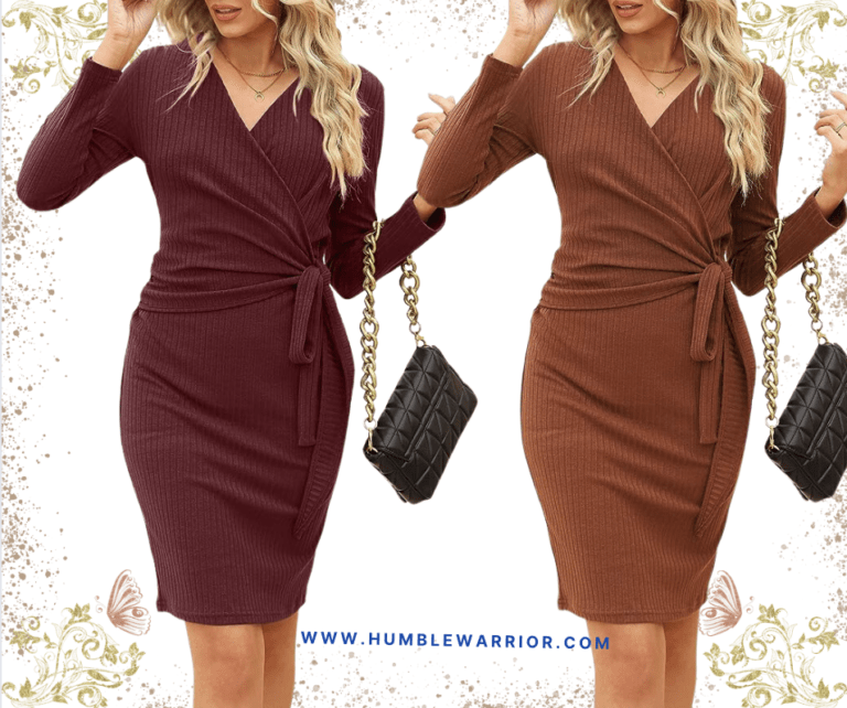 Prettywear V-Neck Belted Knitted Slim Fit Long Sleeve Dress!