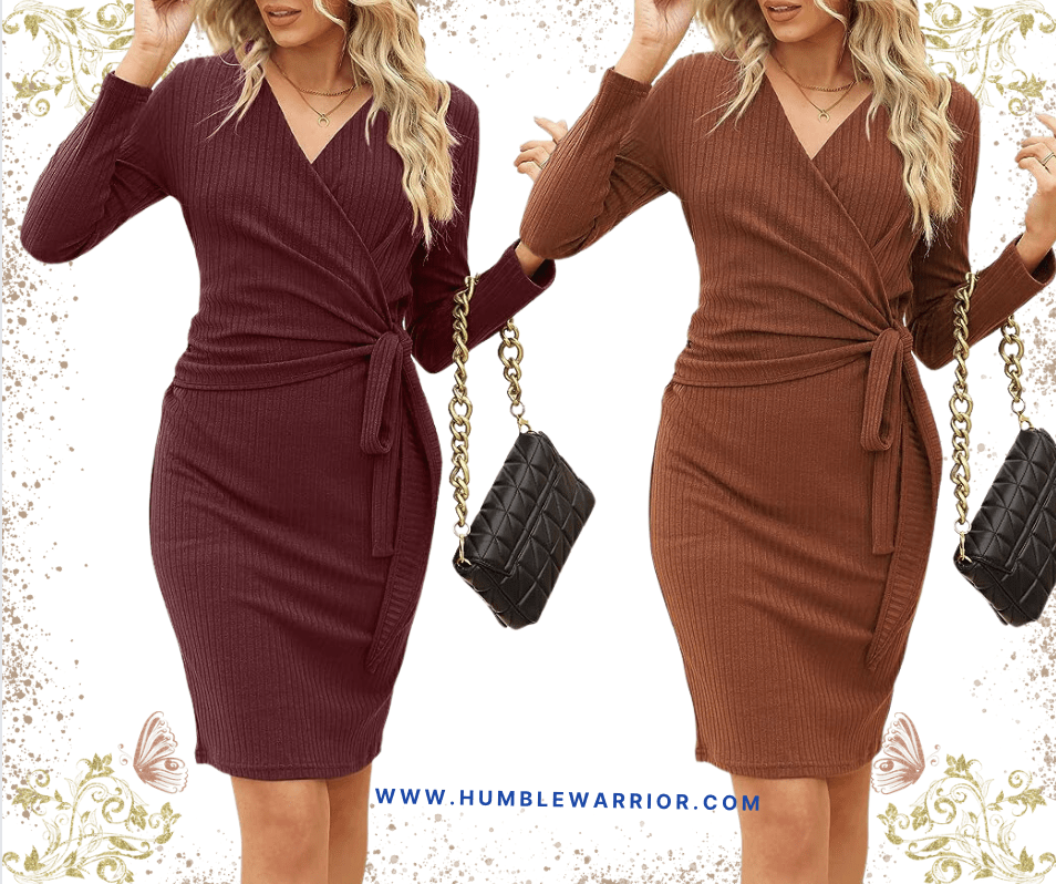 Prettywear V-Neck Belted Knitted Slim Fit Long Sleeve Dress!