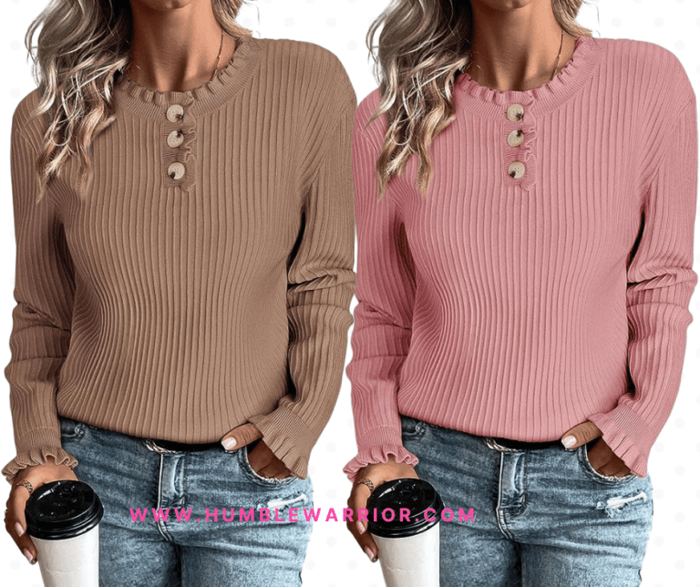 Arach&Cloz Women’s Pullover Ruffle Crew Neck Button Down Sweater!