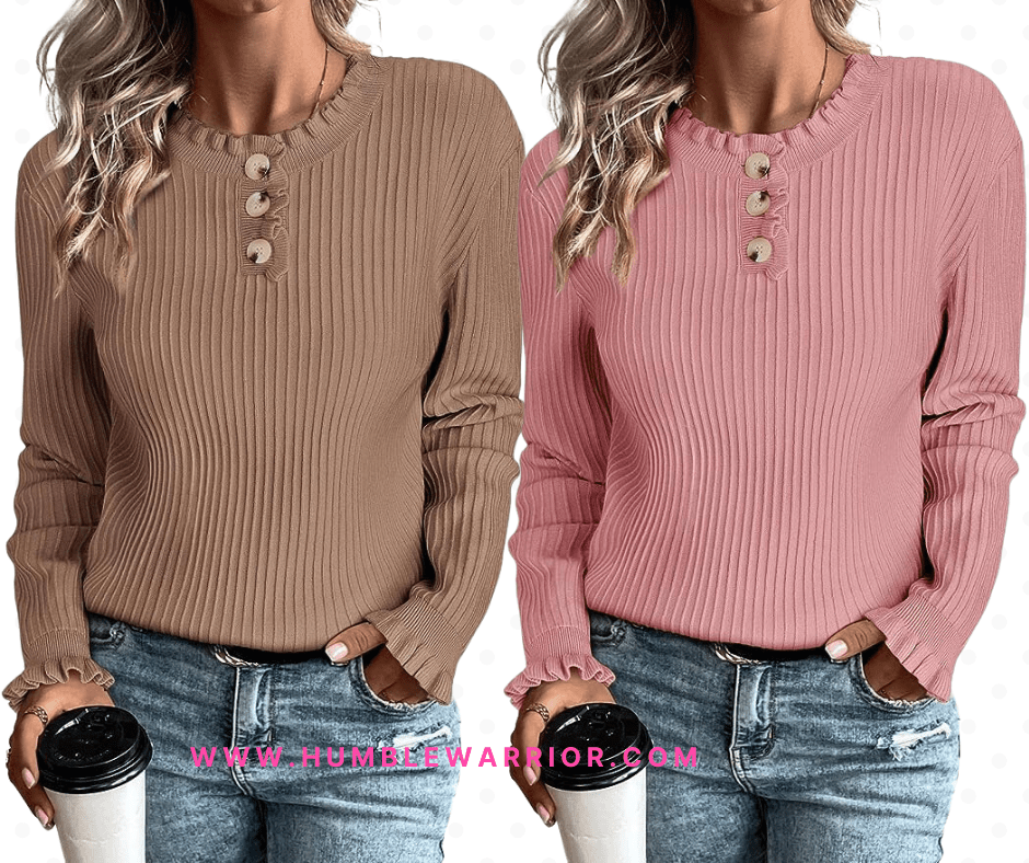Arach&Cloz Women’s Pullover Ruffle Crew Neck Button Down Sweater!