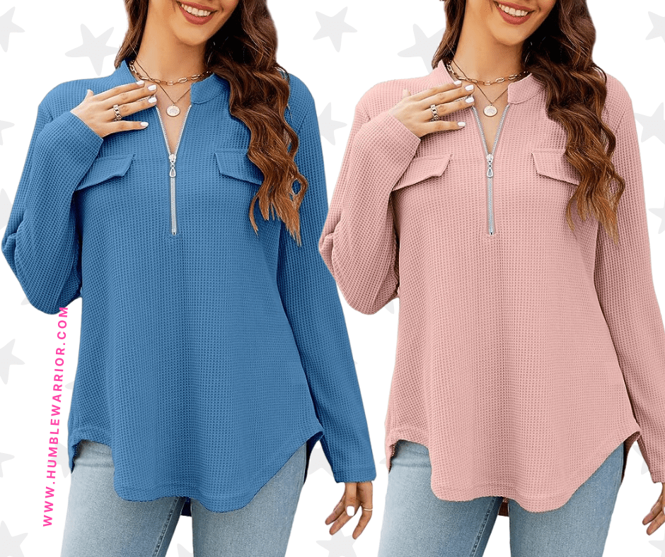Namatime Women’s Waffle Knit Long Sleeve 1/4 Zipper Pullover Sweater!