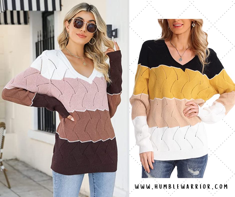 HOOKLZO V-Neck Color Block Pullover Sweaters!!