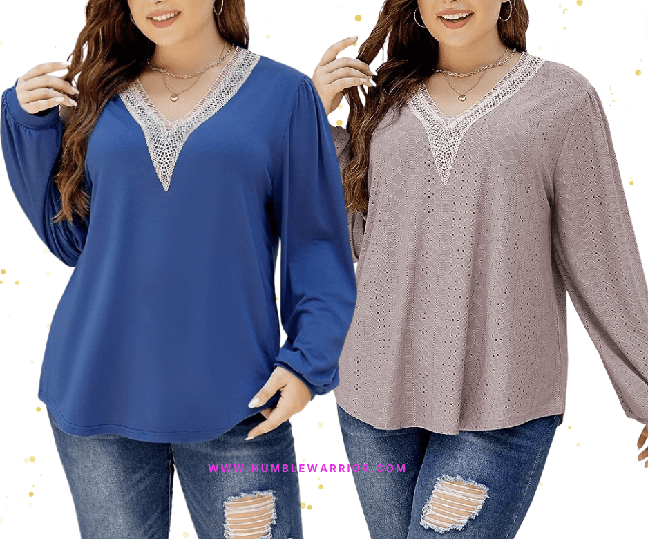 HDLTE Women’s Plus Lace V-Neck Puff Long Sleeve Top!
