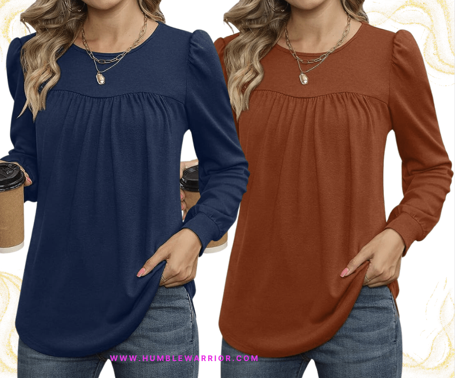 OFEEFAN Women’s Pleated Long Puff Sleeve Tunic Blouse!
