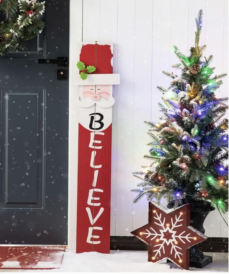 Glitzhome 42″H Christmas Wooden Welcome Sign Santa Vertical Porch Sign