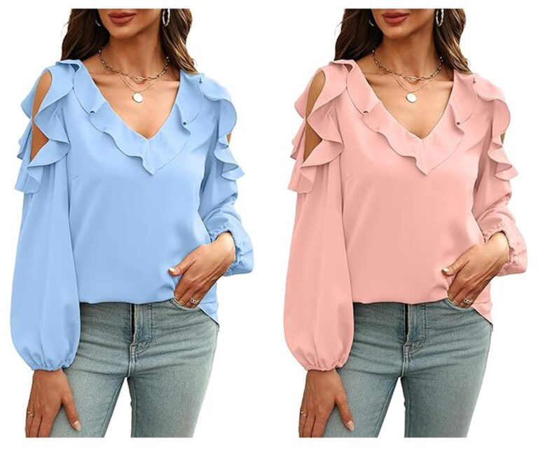 V-neck blouse with ruffle cold shoulder detail!