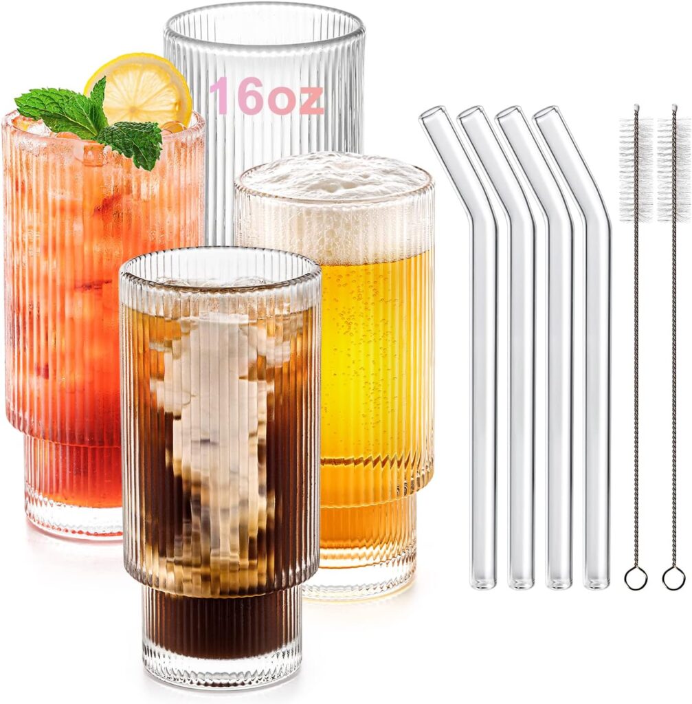 set of 4 Ribbed Glasses with Glass Straws