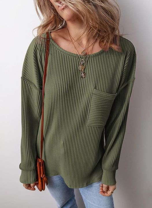 drop shoulder, ribbed knit long sleeve top