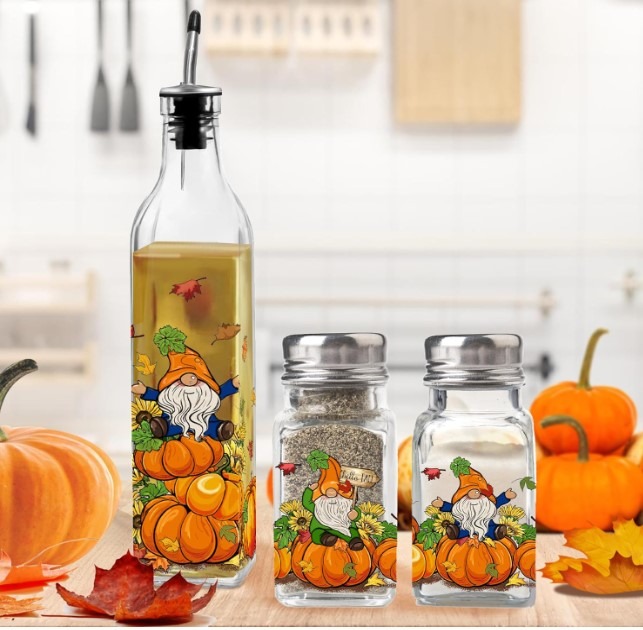 Fall Gnome Oil & Vinegar Bottle Salt & Pepper Shakers Set!
