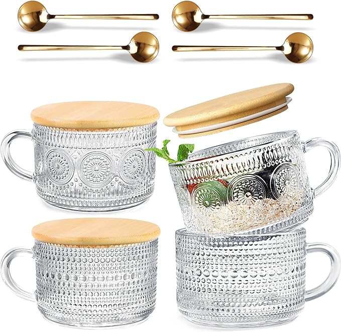 4 Piece Vintage Coffee Mug Set with Lids and Spoons