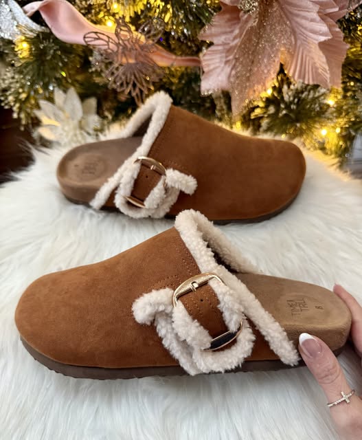 Time and Tru Women’s Faux Shearling Cozy Buckle Clogs