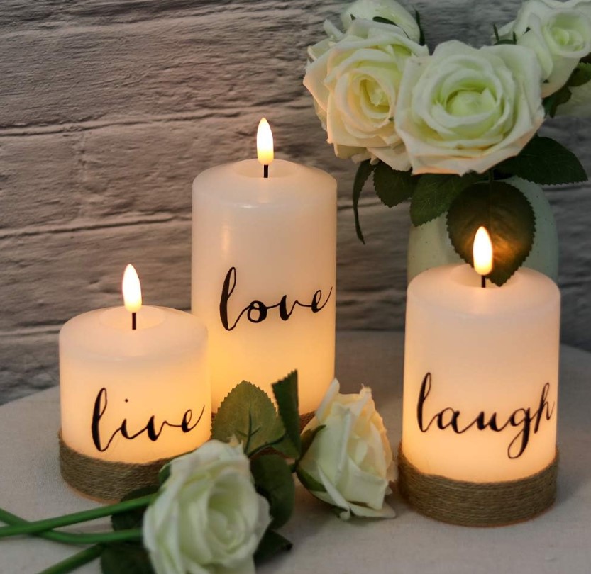 Set of 3 “Live Laugh Love” Flameless Flickering LED Candles with Remote Control!