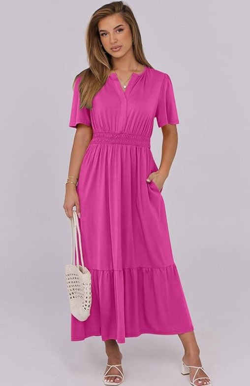 Short Sleeve V-Neck Flowy Tiered Maxi Dress from ANRABESS!