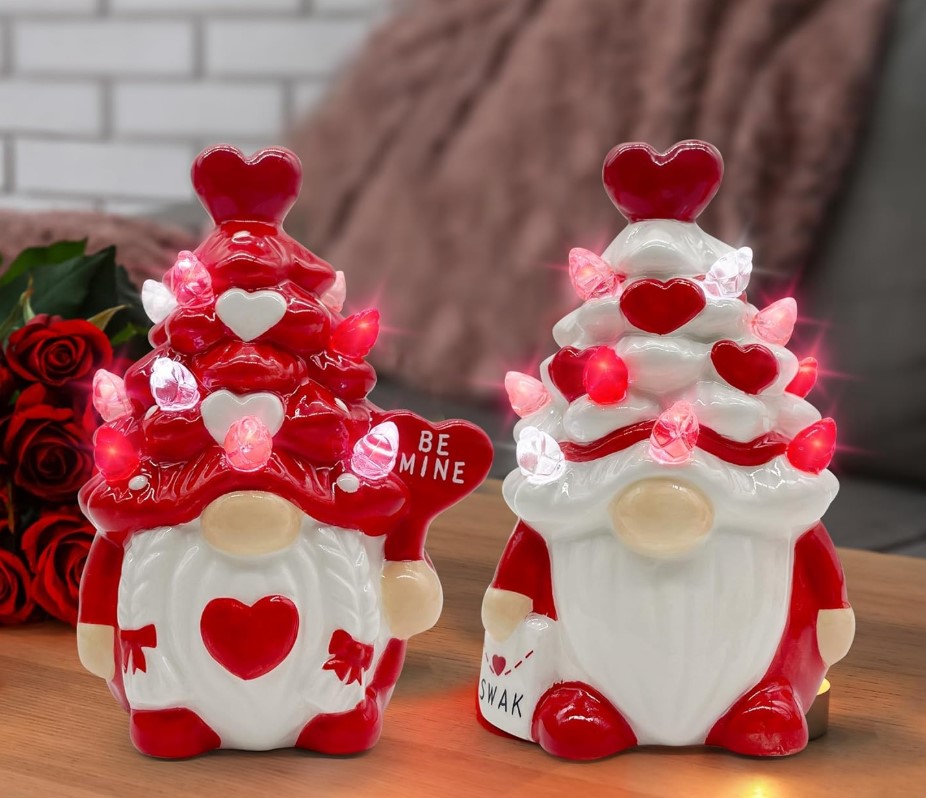 Set of 2 Valentines Day Ceramic Light up Gnomes!