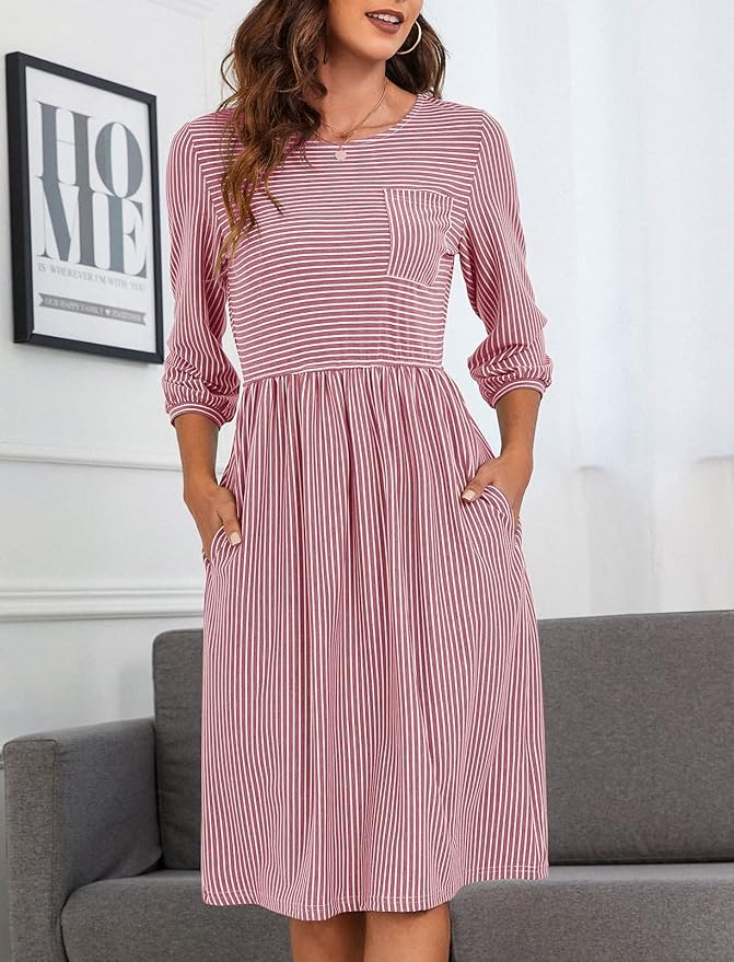 3/4 Sleeve Striped Midi Dresses