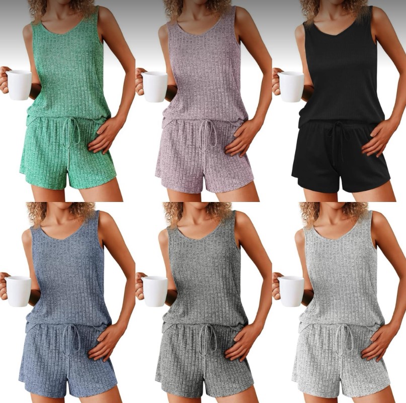 Ekouaer 2 Piece Sleeveless V-Neck Ribbed Knit Pajama/Lounge Sets!