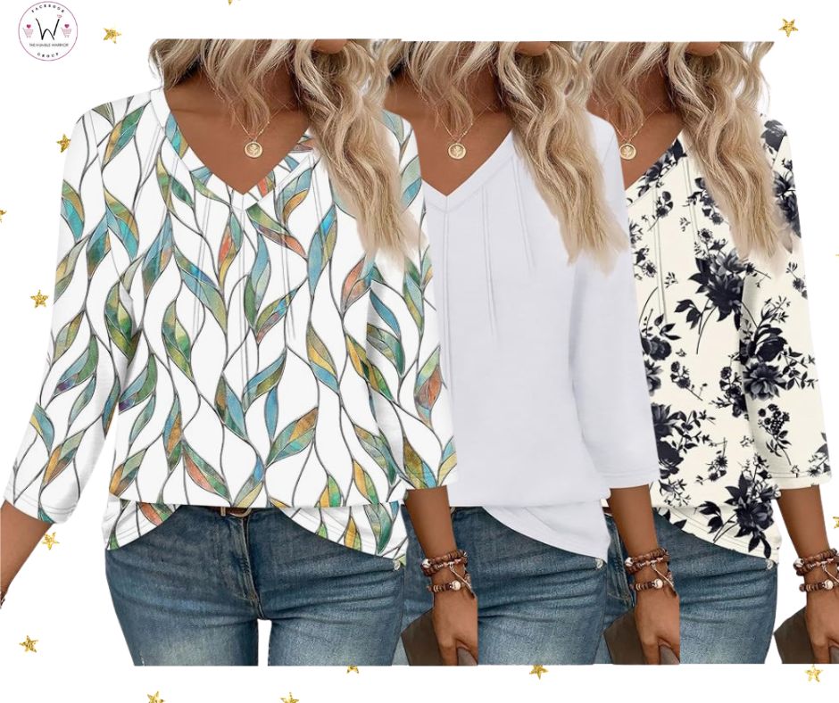 V-Neck Pleated 3/4 Length Sleeve Top!