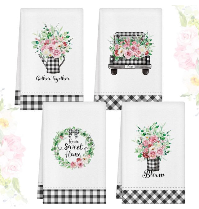 Set of 4 Farmhouse Buffalo Plaid Floral Kitchen Towels!