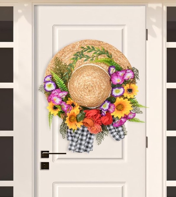 Farmhouse Spring/Summer Hat with Flowers Wreath!