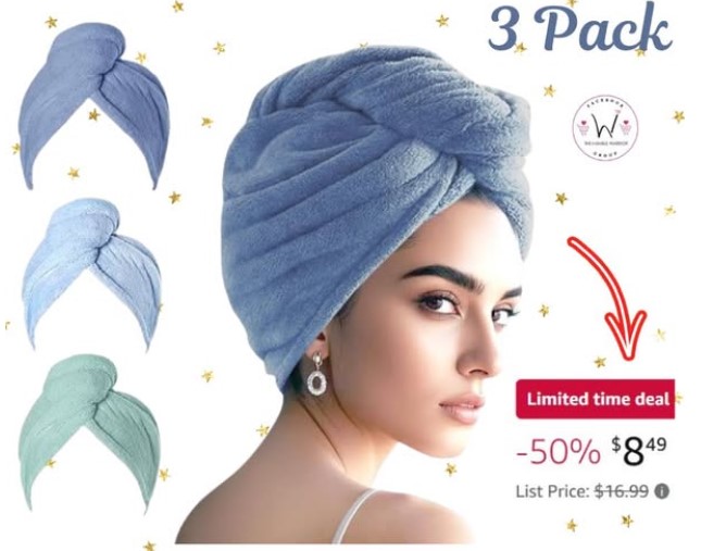 Pack of 3 Microfiber Hair Turban Towel Wraps!