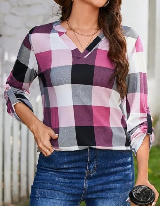 Dokotoo V-Neck Plaid Print Cuffed Sleeve Shirt!