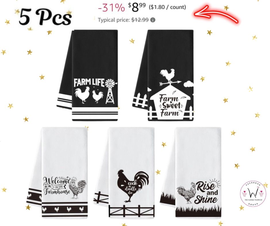 Set of 5 farmhouse rooster themed kitchen towels!