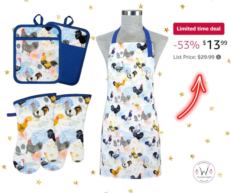 Set of 5 rooster themed kitchen apron, oven mitts and pot holders set!