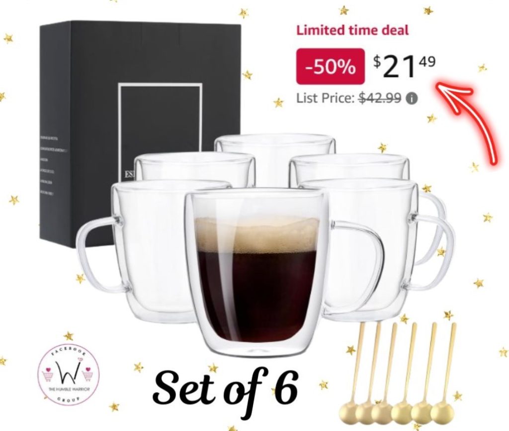 Set of 6 Double Wall Insulated Glass Coffee Mugs with Spoons!