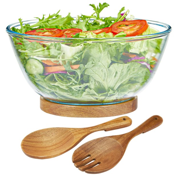 Large Glass Serving Bowl with Bamboo Utensils!