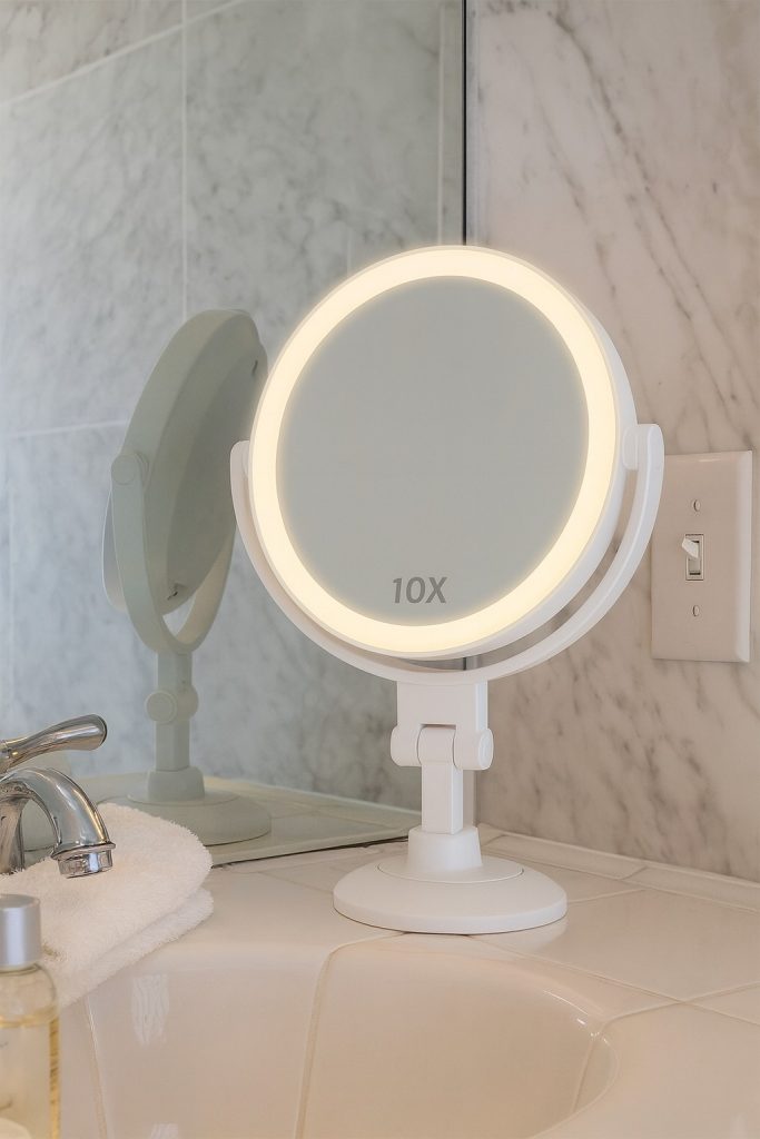 magnifying shower mirror with lights