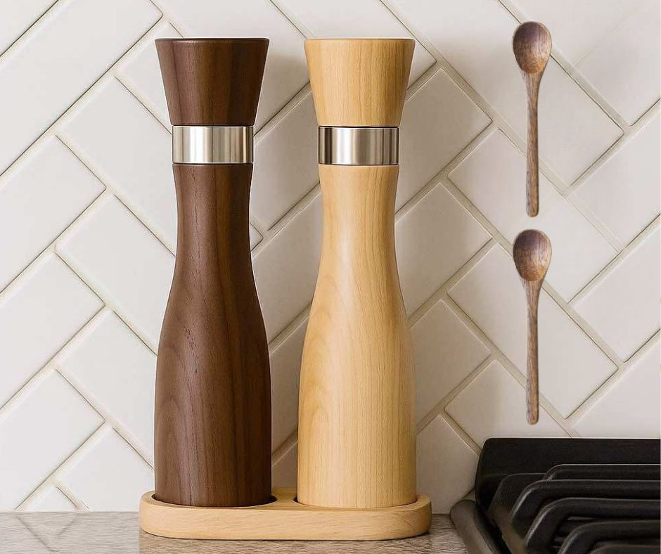 Wood Salt and Pepper Grinder Set with Spoons!