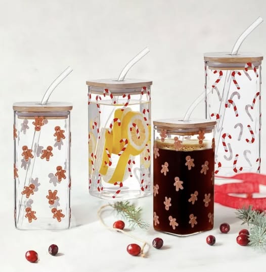 Holiday Time Gingerbread Man & Candy Cane Glass Sipper