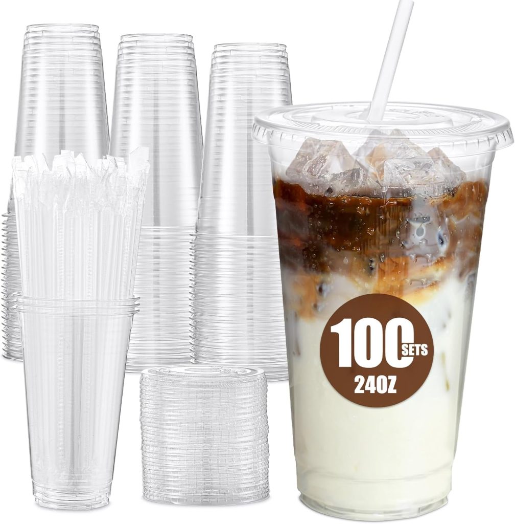 100-pack of 24oz plastic cups with lids & straws