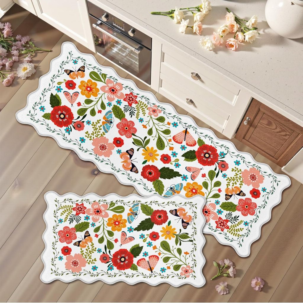 2-piece scalloped floral kitchen mat set
