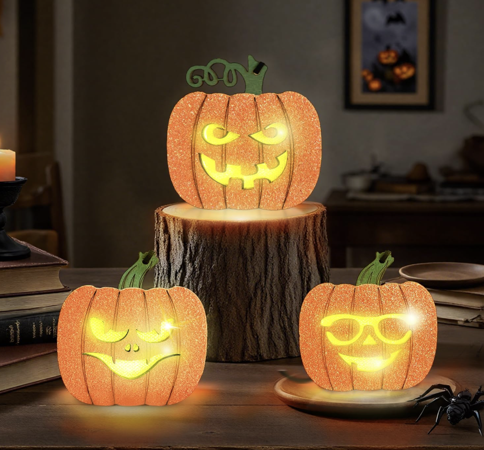 3-piece light-up wooden pumpkin centerpiece set