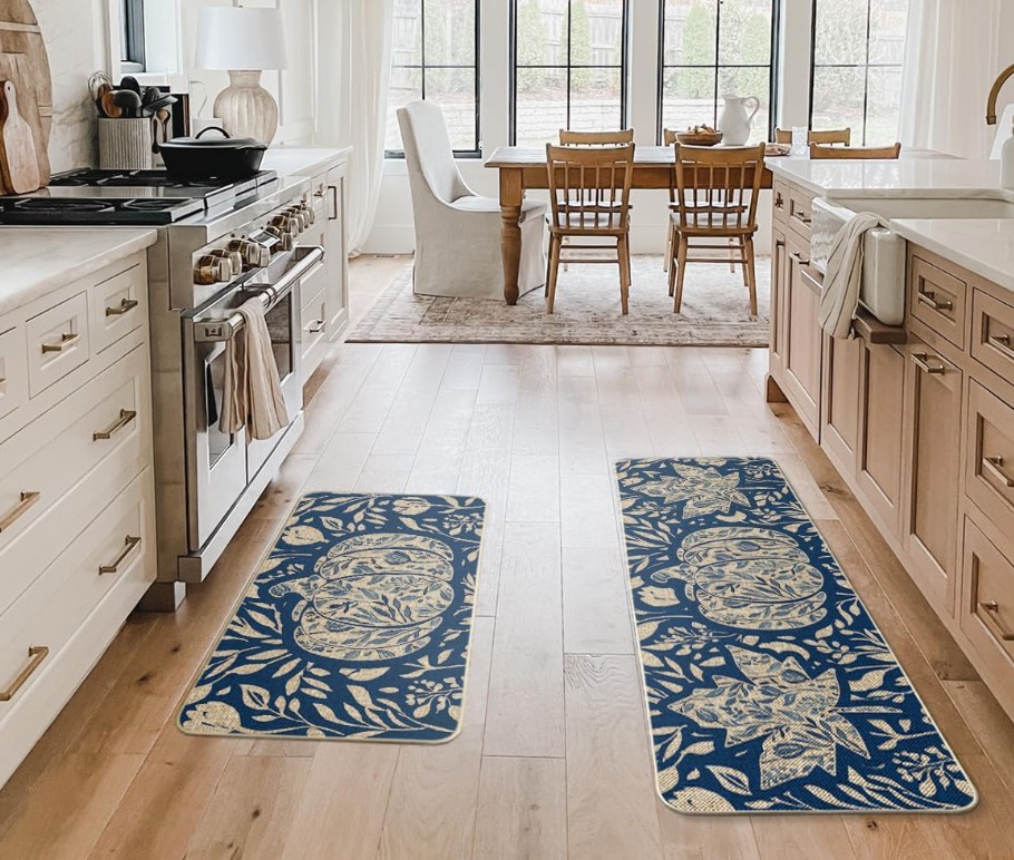 Set of 2 Artoid Mode Blue Flower Pumpkin Fall Kitchen Mats!
