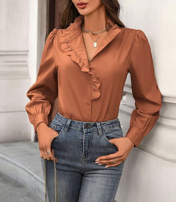 Ruffle Mock Neck Button Down Top!