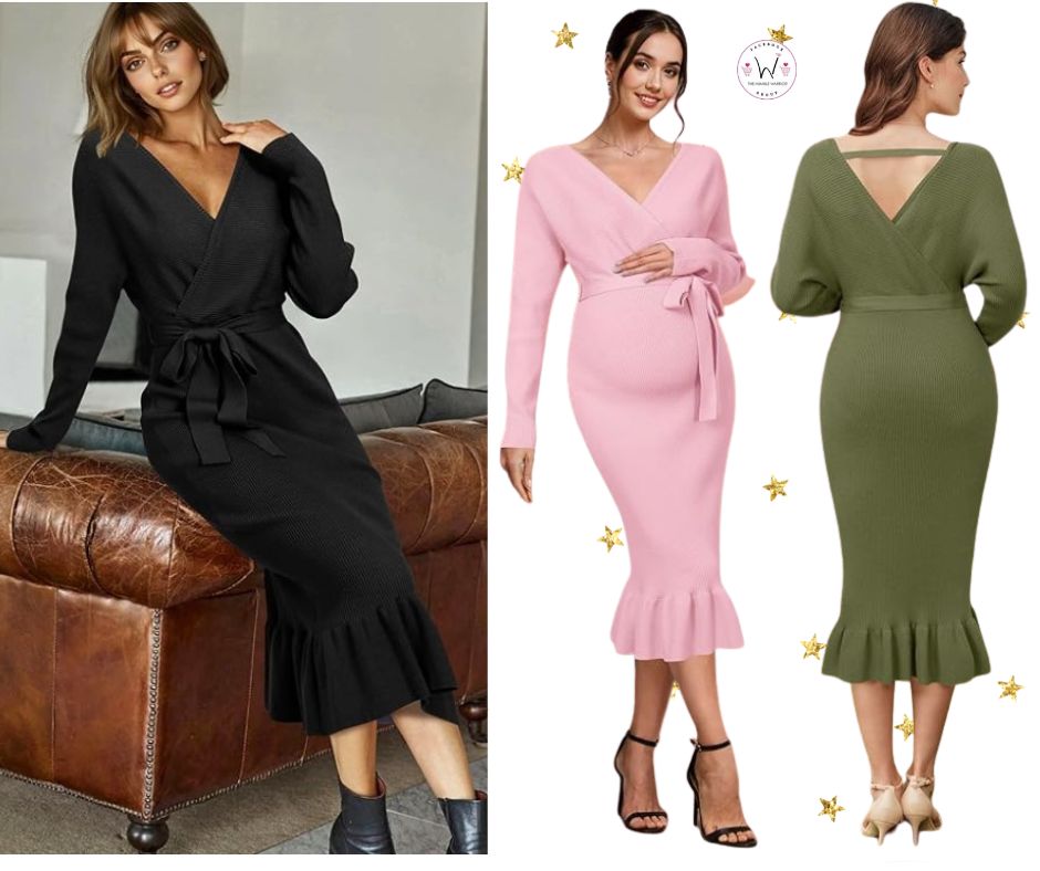 V-Neck Ribbed Knit Tie Waist Sweater Dress!