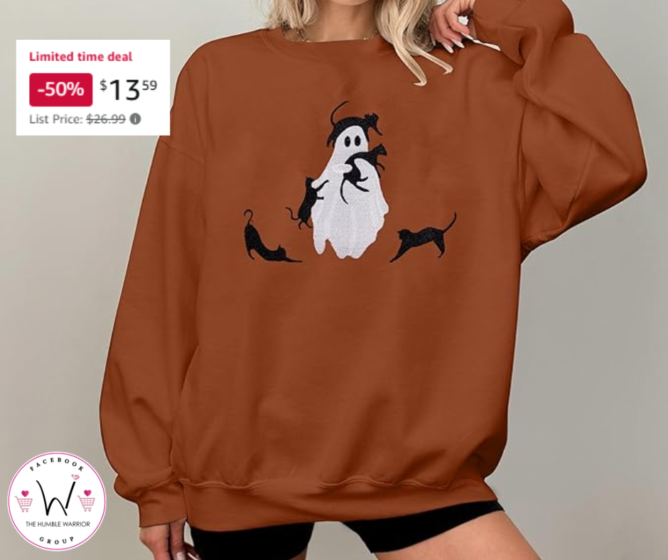 Adorable embroidered black cat and ghost sweatshirt