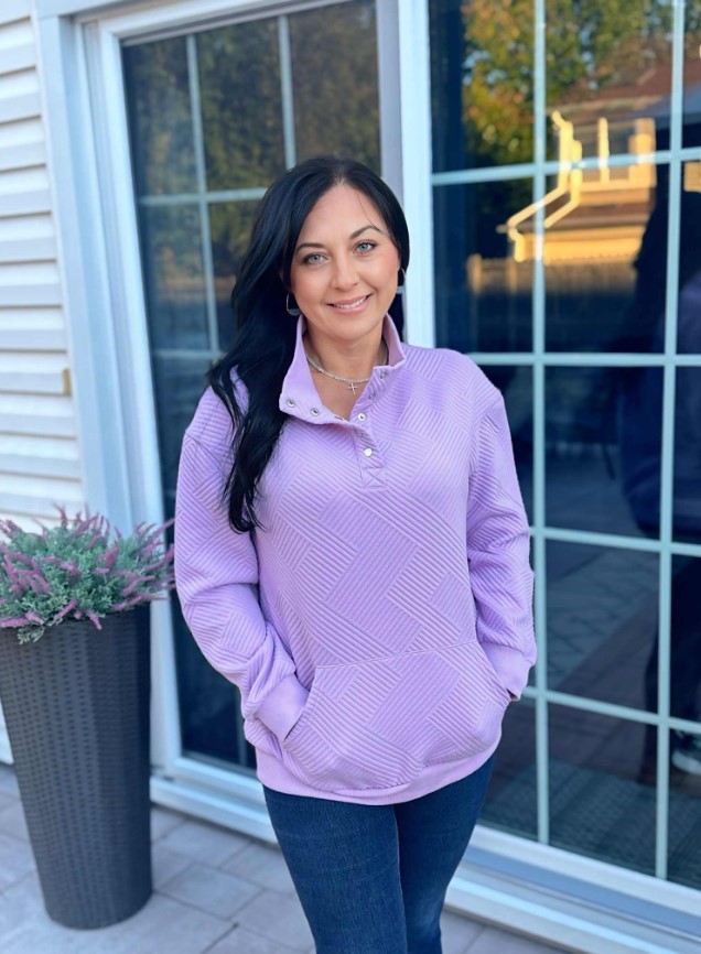 Textured button neck sweatshirt!