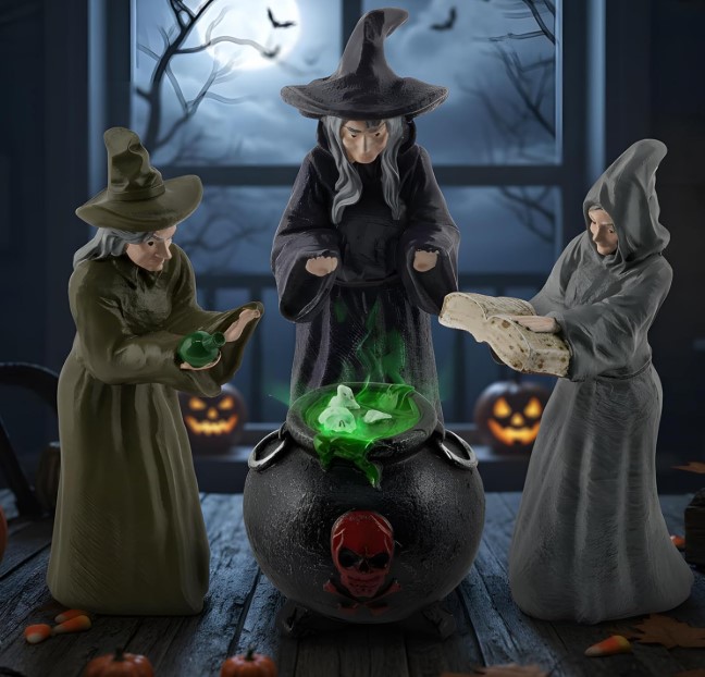 4 Pcs Halloween Miniature Witches with Cauldron Figurines Table Decor!