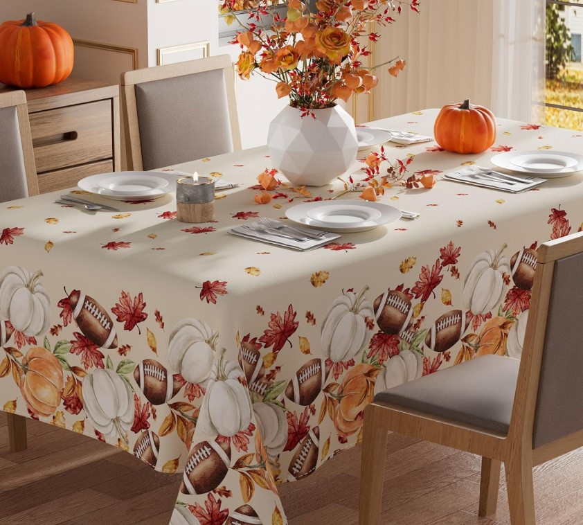 Fall 60×84 Inch Pumpkin Football Maple Leaves Rectangle Tablecloth!