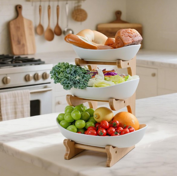 3 Tier Serving Bowls with Bamboo Stand!