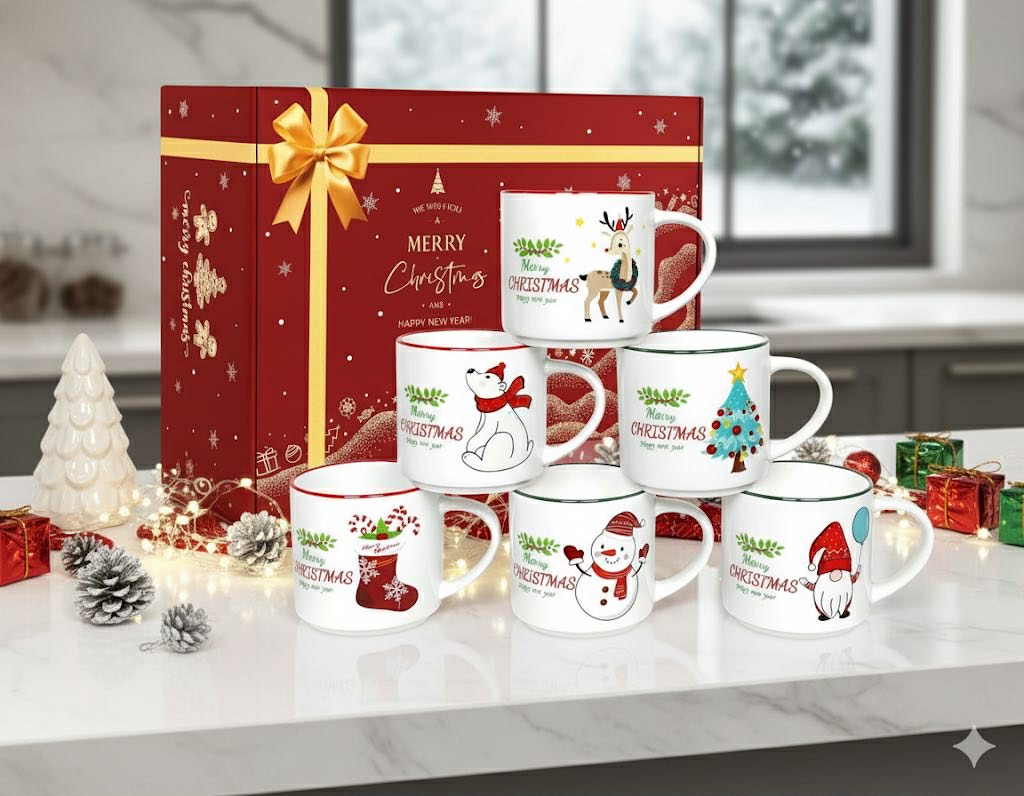 Set of 6 Christmas Ceramic Coffee Mugs!