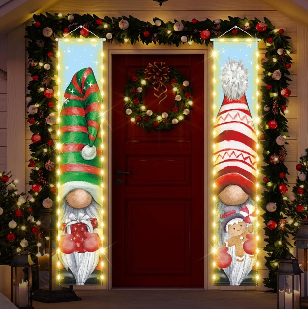2 Pcs Christmas Gnomes Porch Banners with Battery Operated LED String Lights!