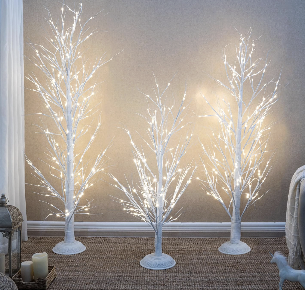 3 pre-lit birch Christmas trees