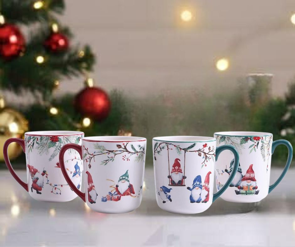 Set of 4 Christmas Gnome Ceramic Coffee Mugs!