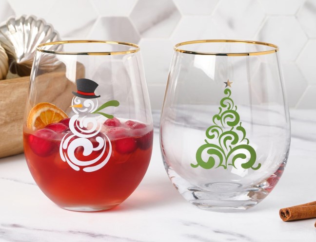 Set of 2 Mikasa Holiday Christmas Stemless Glasses!