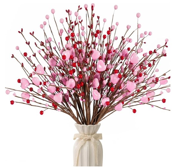 24 Pcs Valentines Day Pink Heart Shaped Berry Picks with Red Berries Branches!