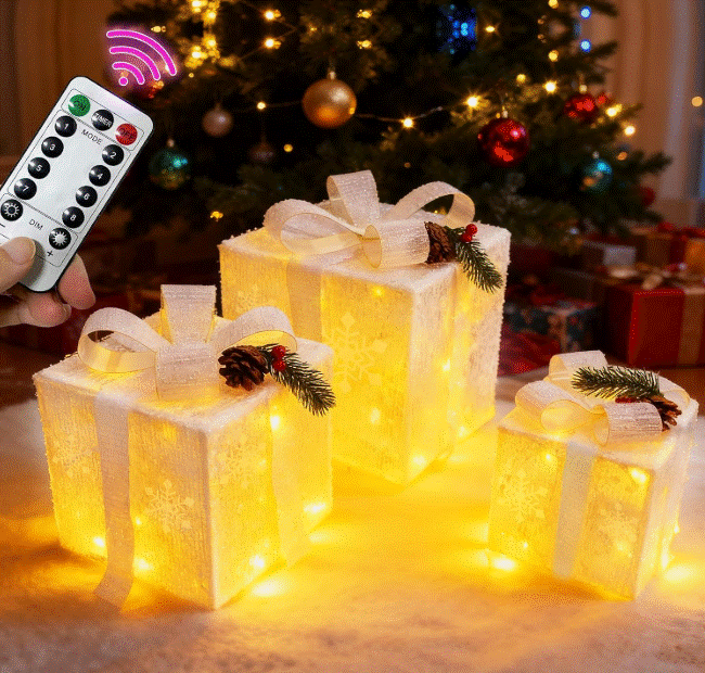 Set of 3 Christmas Battery Operated Lighted Gift Boxes with Remote!